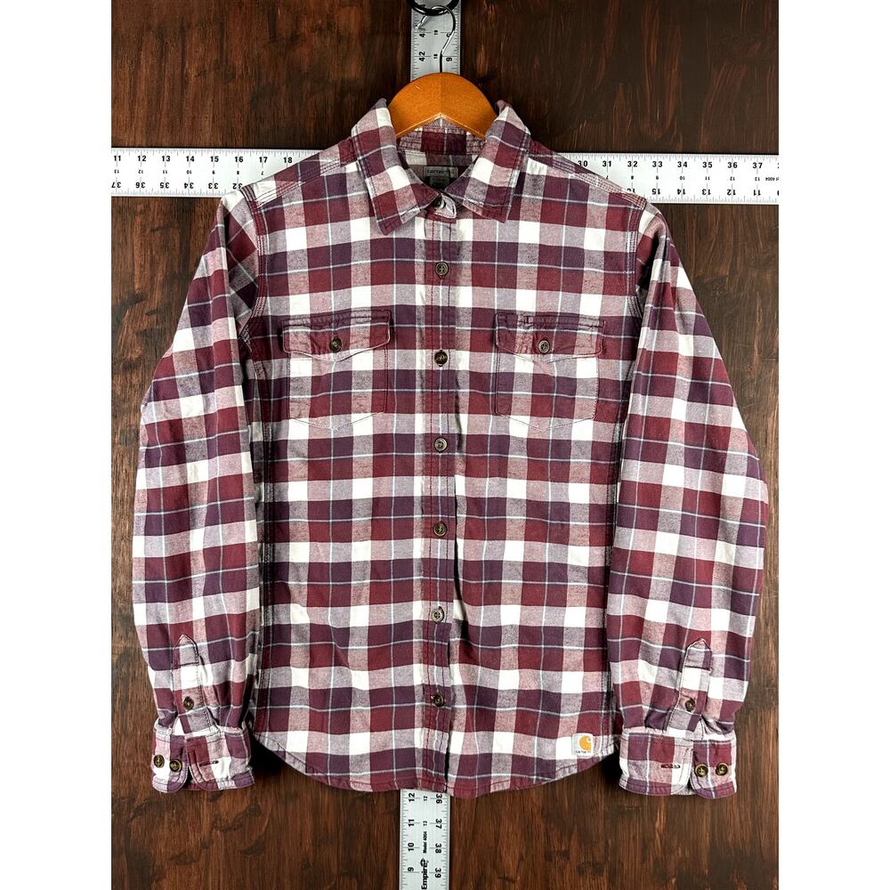 Carhartt Hamilton Plaid Flannel Long Sleeve Shirt Maroon Baby Blue Women Large
